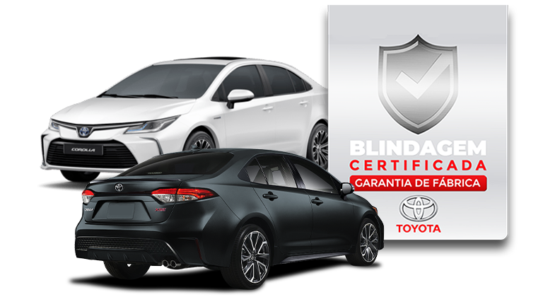 Banner contato, dois carros corola e o certificado de blindador oficial Toyota.